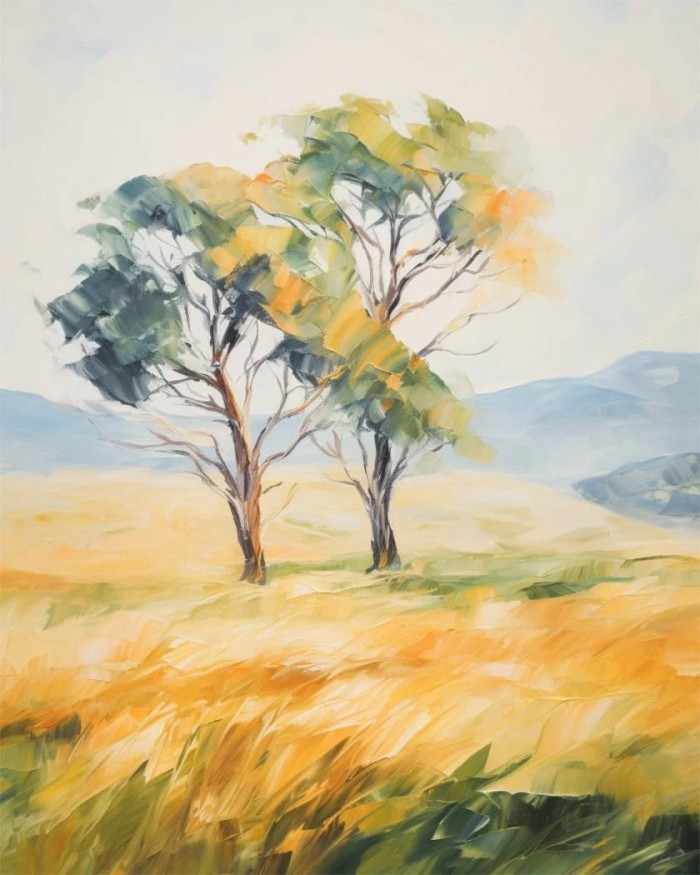 Two colourful trees in the field, grey mountains in the distance
