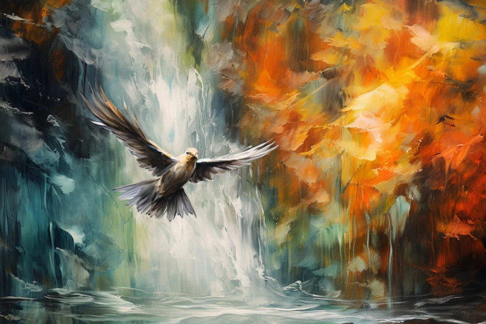bird over water, waterfall in the background, oil paint effect