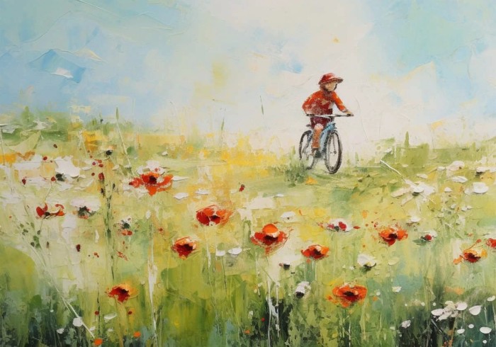 Child riding a bike in the fields, poppies, summer