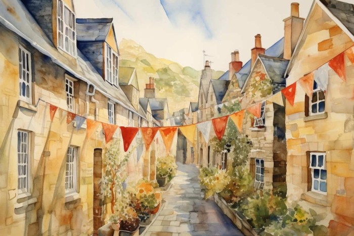 Small and lovely village street with colourful buntings