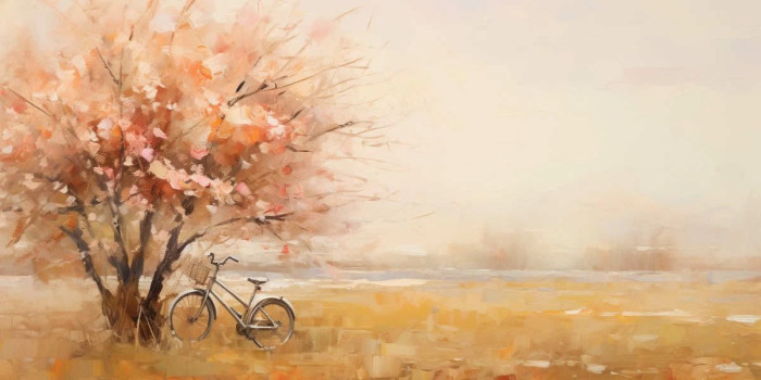 Tree in blossom with a bycicle